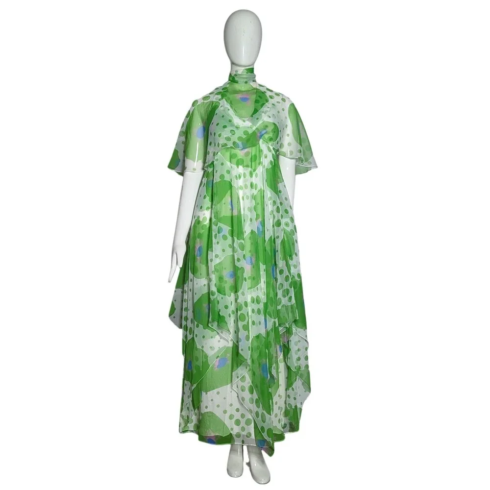 Vintage 1970s Green Chiffon Maxi Dress & Cape Set Polka Dot Floral Boho S XS